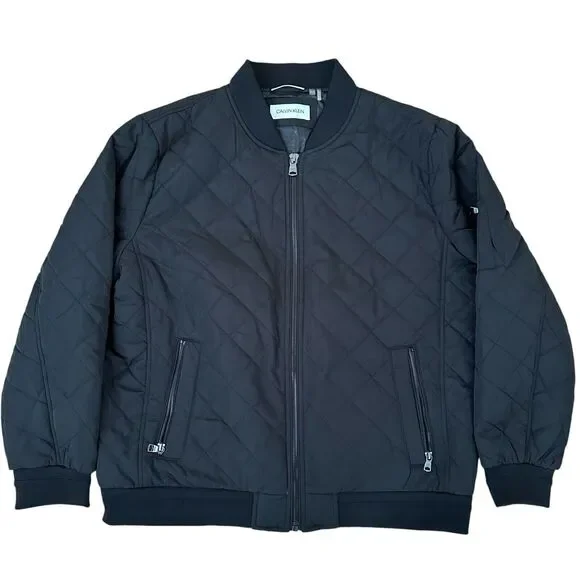 Calvin Klein Men’s Black Zipper Front Rib-Knit Trim Quilted Jacket XL
